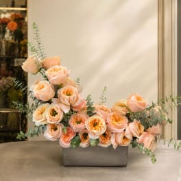 Peach roses arranged in a low rectangular vase with airy eucalyptus stems