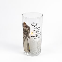 Clear glass memorial candle holder with an angel illustration and printed sympathy message