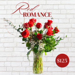 Red roses arranged in a tall glass vase with white filler flowers.