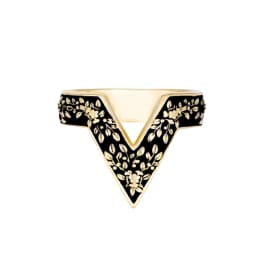 Black and gold floral-patterned ring with a pointed V-shaped design