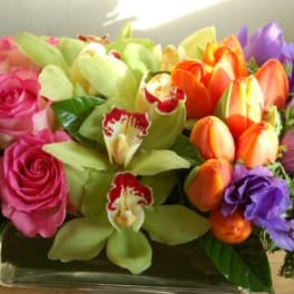 Bouquet of pink roses, green orchids, orange tulips, and purple flowers in a glass vase