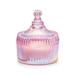 Pink iridescent ribbed glass jar candle with a rounded decorative lid