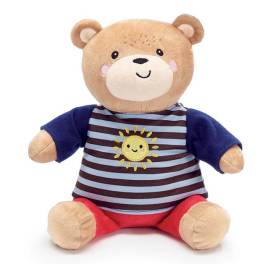 Plush teddy bear wearing a striped shirt with a sun graphic