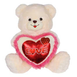 White teddy bear holding a red heart with "LOVE" text
