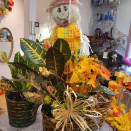 Fall-themed potted plant arrangement with a scarecrow decoration