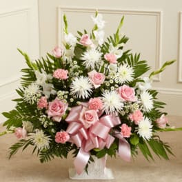 Tribute Pink & White Floor Basket Arrangement
