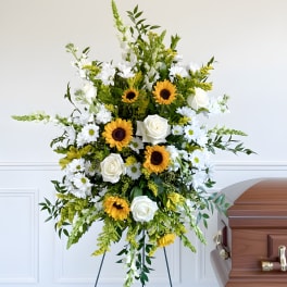 White Standing Spray with Sunflowers