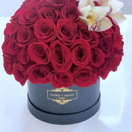 Red rose arrangement with white orchids in a black hat box