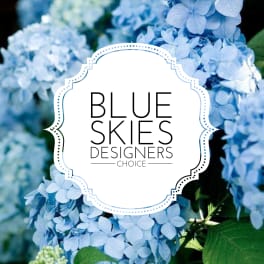 Blue hydrangea blooms with a centered "Blue Skies" label