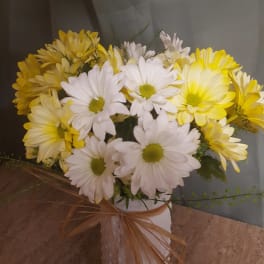 Yellow and white daisy bouquet in a white vase with a ribbon
