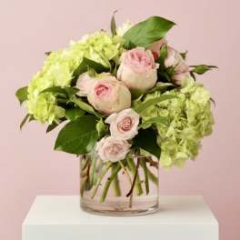 Pink roses and green hydrangeas in a clear glass vase