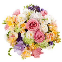 Bouquet of pink roses, white flowers, and purple accents