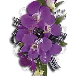 Purple orchid corsage with black ribbon and silver accents