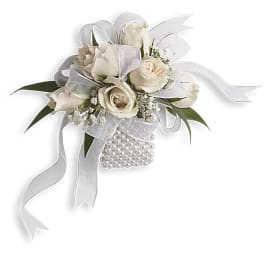 White rose corsage with ribbon and pearl accents
