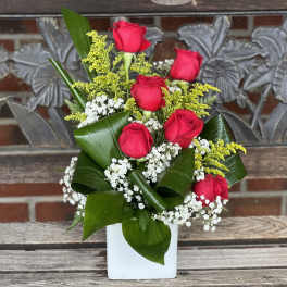 Red roses arranged in a white vase with baby's breath and greenery