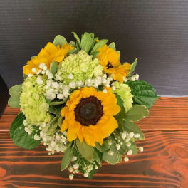 Bouquet of yellow sunflowers with green hydrangeas and white filler flowers