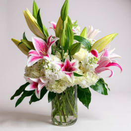 Pink and white lilies arranged in a clear glass vase
