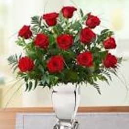 Premium Long Stem Red Roses in Silver Vase (Vase sub if not available)