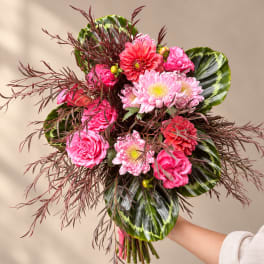 Handheld bouquet of pink flowers with dark patterned leaves