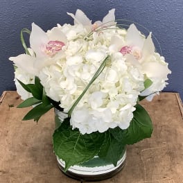 White hydrangea arrangement with white orchids in a low vase