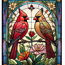 Stained glass panel with two cardinals and flowers