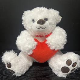 White teddy bear holding a red heart
