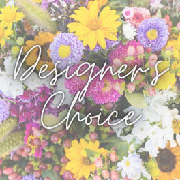 Colorful mixed flowers with the words "Designer's Choice" overlaid