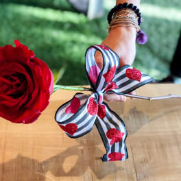 Single red rose with a striped heart ribbon bow