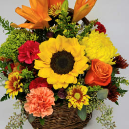 Basket arrangement with sunflowers, roses, carnations, and mums in orange and yellow