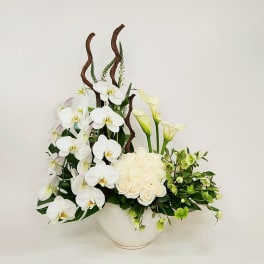 White orchids, roses, and calla lilies in a white bowl vase