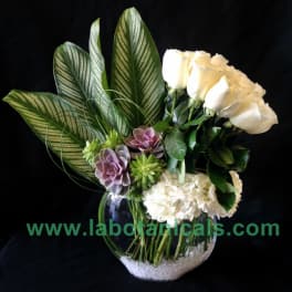 White roses and hydrangeas in a glass vase with striped leaves and succulents