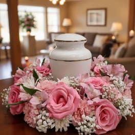 White cremation urn encircled by a wreath of pink roses, carnations, and white filler flowers.