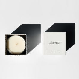 Tuberose scented candle in a square box with a lid