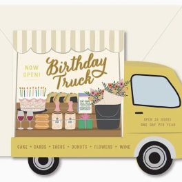 Birthday truck greeting card with cake, wine, gifts, and flowers