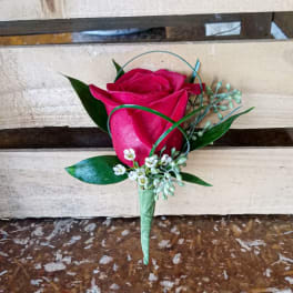 Single pink rose boutonniere with small white flowers