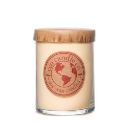 Soy wax candle in a glass jar with a wooden lid