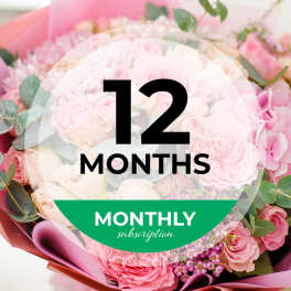 Pink rose bouquet with a 12 months monthly subscription badge