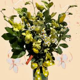 Yellow Gift Orchids Tulips Arrangement In A Cube Vase