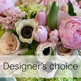 Pink and cream bouquet with tulips, roses, and anemones