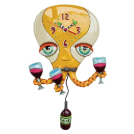 Decorative wall clock shaped like a face holding wine glasses and a bottle