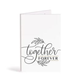 White greeting card with "together forever" text and leaf accents