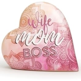 Heart-shaped decorative pillow with "wife mom boss" text