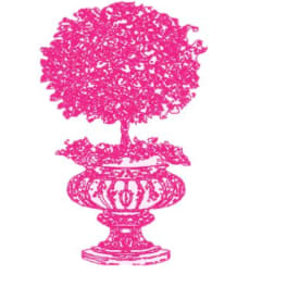 Pink line-art illustration of a round topiary tree in an ornate pedestal urn