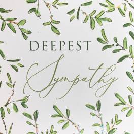 Sympathy card with green leafy border and the words Deepest Sympathy in script