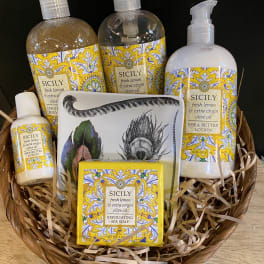 Spa gift basket with Sicily lemon body products and soap