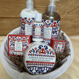 Basket of London Body care products with soap, lotion, and body butter