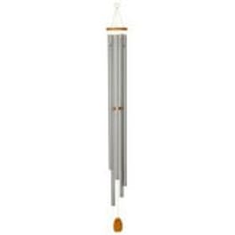 Tall silver wind chime with hanging tubes and a wooden striker