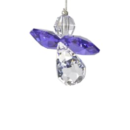 Purple and clear faceted crystal angel ornament hanging on a cord