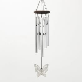 Silver wind chime with a butterfly pendant hanging below.