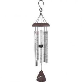 Hanging metal wind chime with brown top and dangling silver tubes
